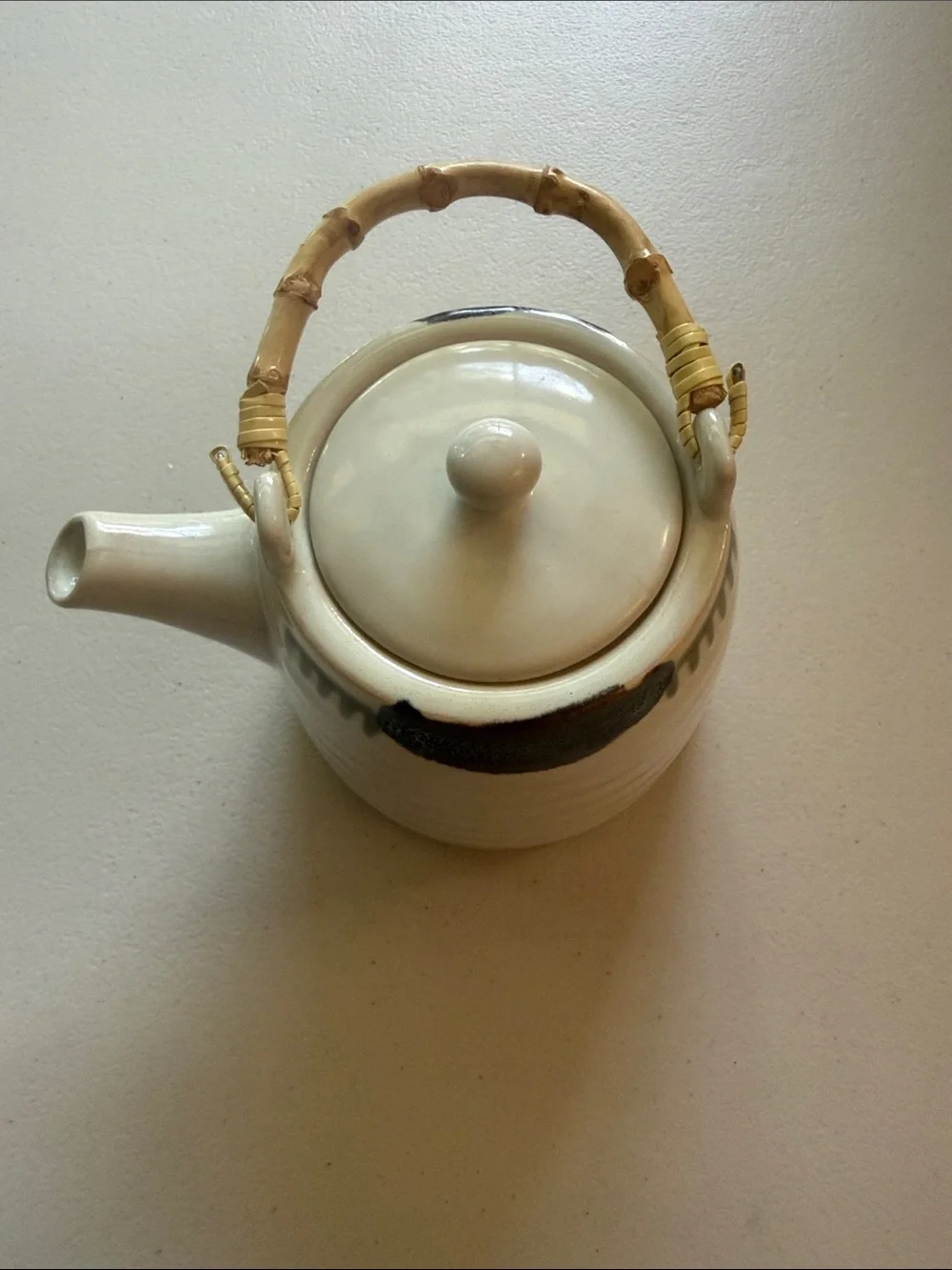 Cost Plus World Market Cream Ceramic Teapot with Bamboo Handle Dark Blue Accents